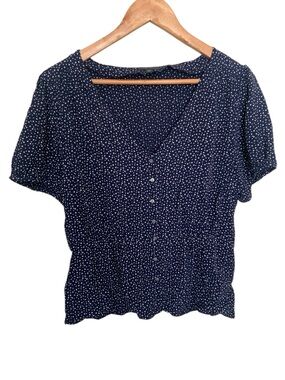 J Crew Navy Ditsy Star Button-Front Women Blouse Top L 4th of July Festive